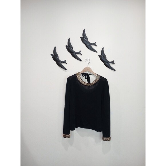 Maje Black Sweater With Gold Chain Collar and Cuffs ~ Size 2 / M - Picture 5 of 9